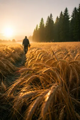Golden Wheat Harvest with Evergreen Horizon