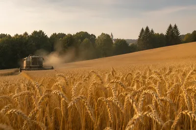 Golden Wheat Harvest with Distant Chapel