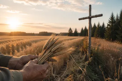 Golden Harvest Wheat Field with Wooden Cross