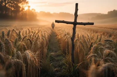 Golden Wheat Harvest With Rustic Cross