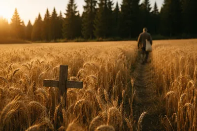 Golden Wheat Harvest with Wooden Cross