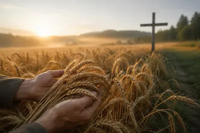 Golden Wheat Harvest with Cross at Dawn