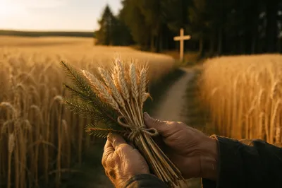 Golden Wheat Harvest with Evergreen Cross
