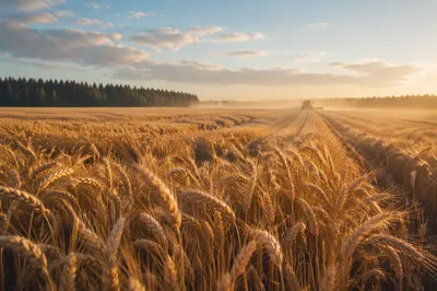 Golden Wheat Harvest by Evergreen Treeline