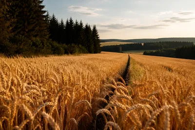 Golden Wheat Harvest by Evergreen Treeline