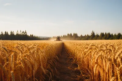 Golden Wheat Field with Distant Tractor