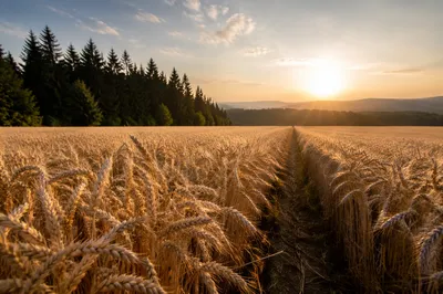 Golden Wheat Field with Evergreen Horizon