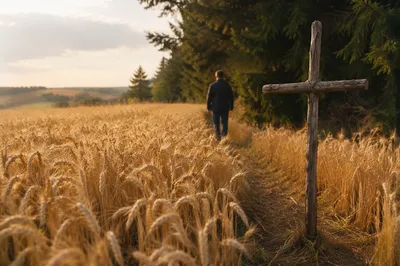 Golden Wheat Harvest with Rustic Cross