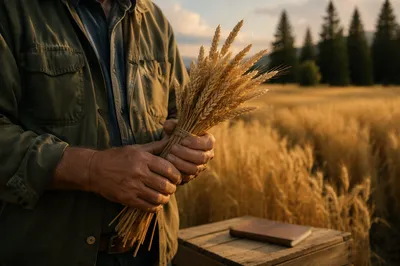 Golden Wheat Harvest by Evergreen Pines