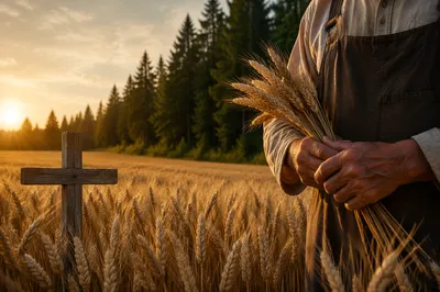 Golden Wheat Harvest With Wooden Cross