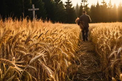 Golden Wheat Harvest with Evergreen Cross
