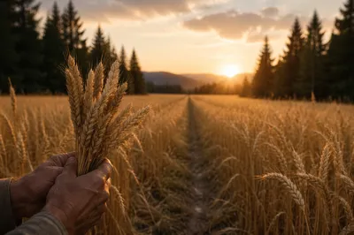 Golden Wheat Harvest Beside Evergreen Pines