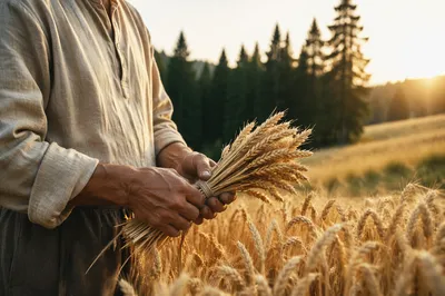 Golden Wheat Harvest Beside Evergreen Pines
