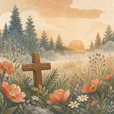 Morning Wildflower Meadow with Wooden Cross