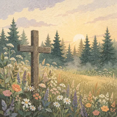 Morning Wildflower Meadow with Wooden Cross