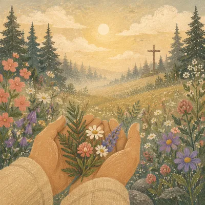 Prayer Hands in Misty Evergreen Meadow