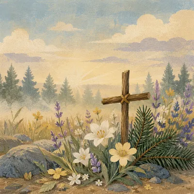 Morning Meadow Cross with Wildflowers
