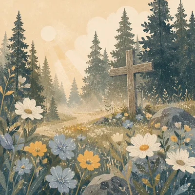 Morning Wildflower Meadow with Wooden Cross