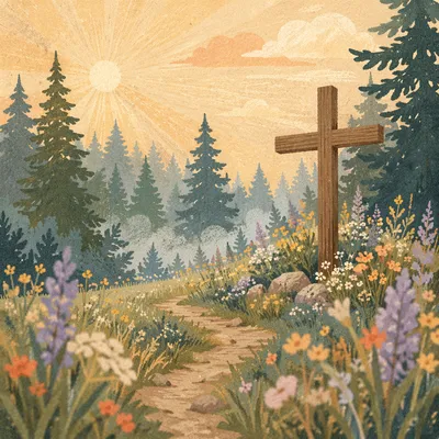 Morning Meadow Cross by Evergreen Forest