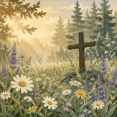 Wildflower Meadow Cross in Morning Light
