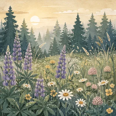 Wildflower Meadow by Evergreen Forest Dawn