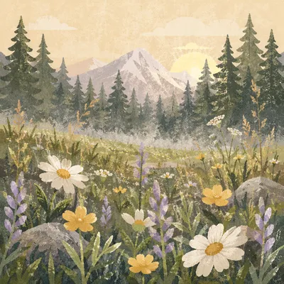 Wildflower Meadow with Evergreens at Dawn
