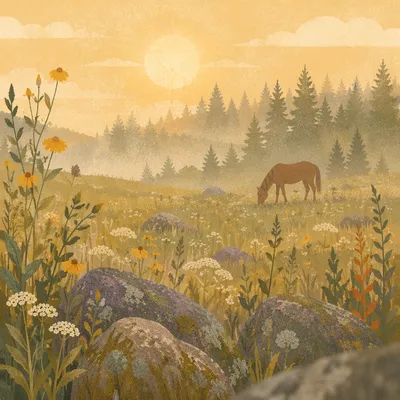 Wildflower Meadow at Dawn with Evergreens