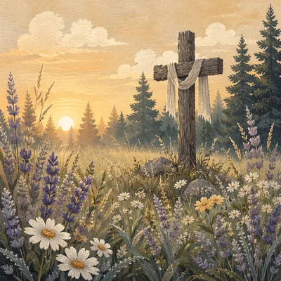 Wooden Cross in Morning Wildflower Meadow