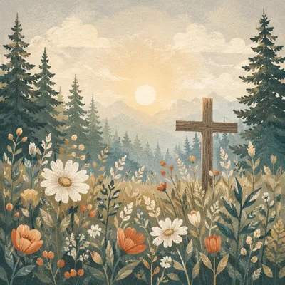 Morning Meadow Cross Among Evergreen Wildflowers