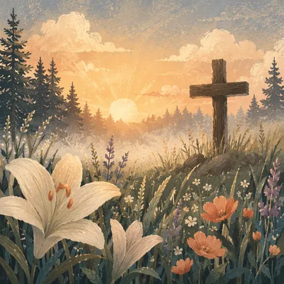 Morning Wildflower Meadow with Hidden Cross