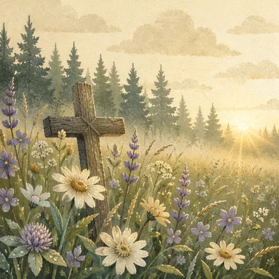 Morning Wildflower Meadow with Wooden Cross