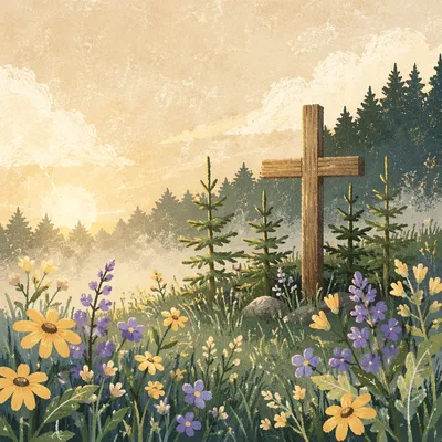 Wildflower Meadow Cross in Morning Light