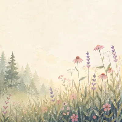 Dawn Wildflower Meadow with Evergreen Mist