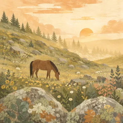 Peaceful Horse in Dawn Wildflower Meadow