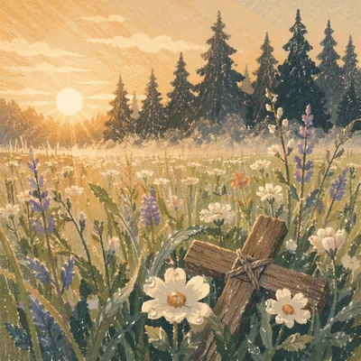 Morning Wildflower Meadow with Wooden Cross