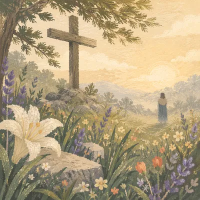 Wildflower Meadow Cross in Morning Light