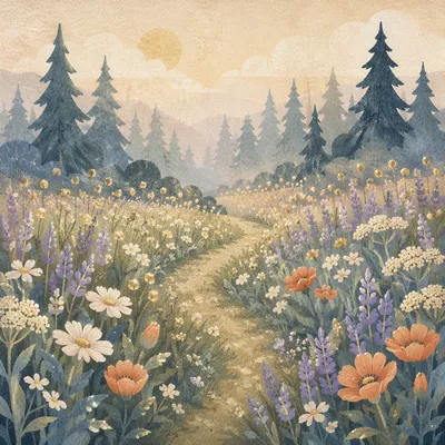 Dawn Wildflower Meadow With Evergreen Path