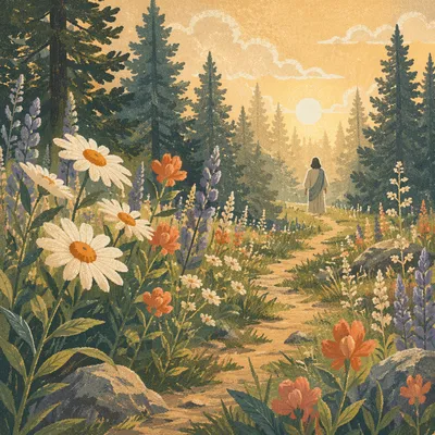 Dawn Wildflower Meadow With Evergreen Pines