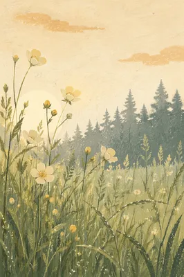 Pale Wildflowers in Soft Morning Meadow