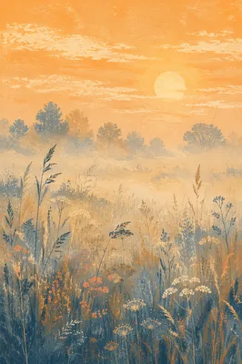 Sunrise Wildflower Meadow With Morning Mist