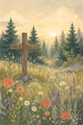 Wildflower Meadow Cross in Morning Light