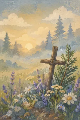Wooden Cross Among Dawn Meadow Wildflowers