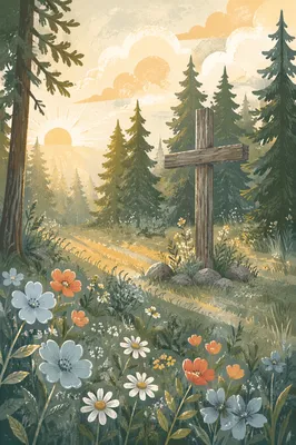 Morning Wildflower Meadow with Wooden Cross