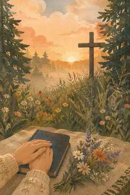 Morning Meadow Cross Among Wildflowers