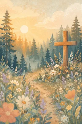 Morning Wildflower Meadow with Wooden Cross
