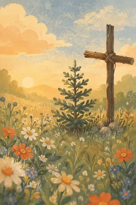 Evergreen Cross in Wildflower Meadow at Dawn