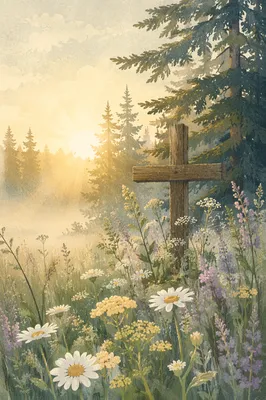 Wooden Cross in Misty Evergreen Wildflower Meadow