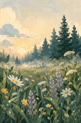 Soft Morning Wildflower Meadow with Evergreens