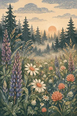 Wildflower Meadow by Evergreen Forest Dawn