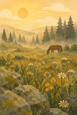 Wildflower Meadow at Dawn with Horse